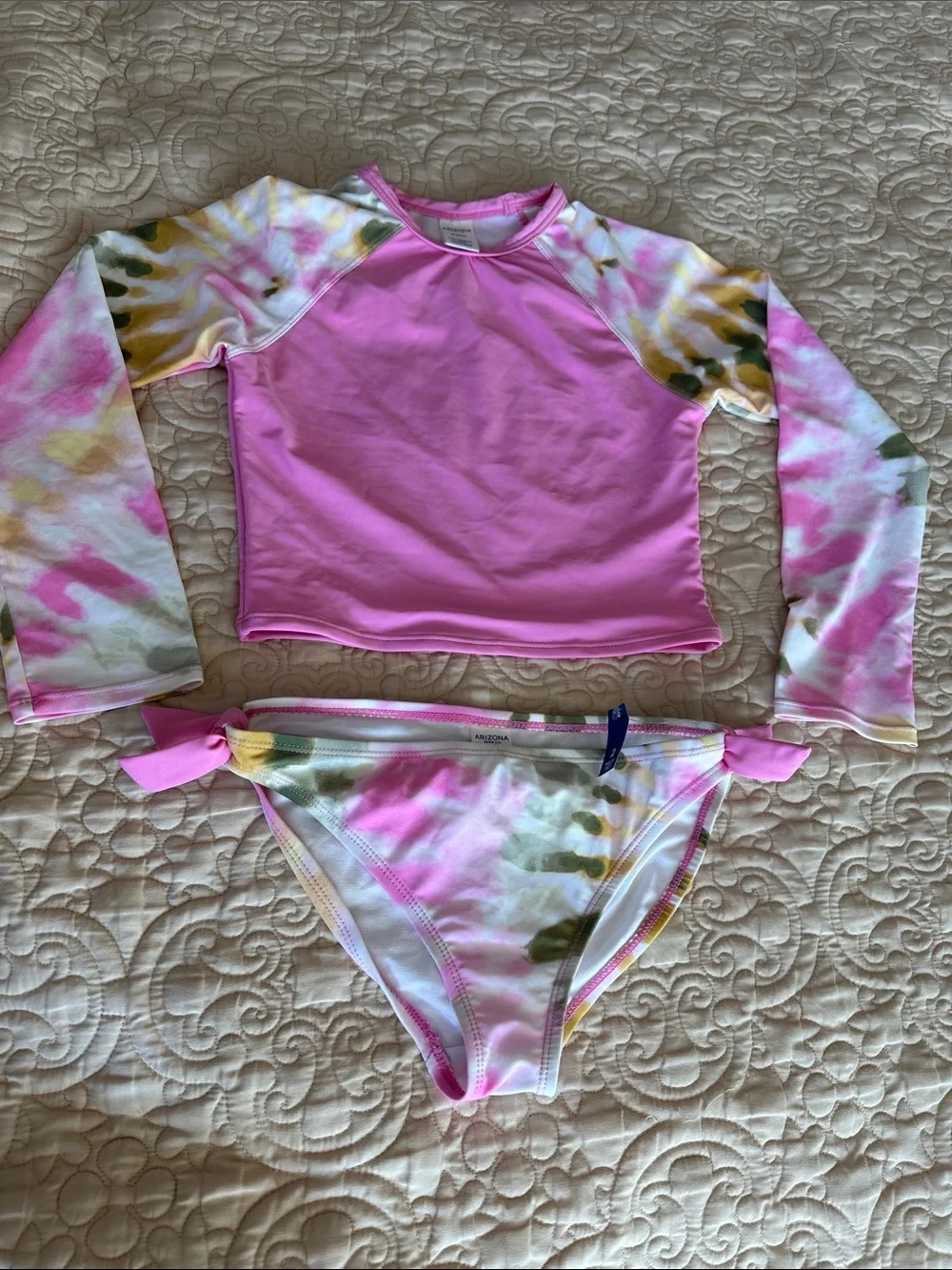 Arizona Jean Company Pink Tie-Dye Long Sleeve Rashguard Bikini Set